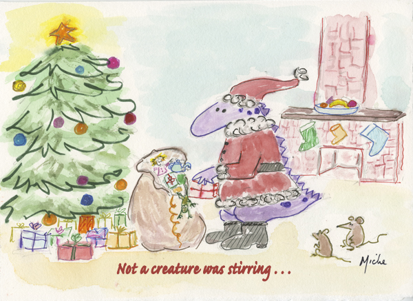 Dino Santa dispensing presents Seasons Greeting!