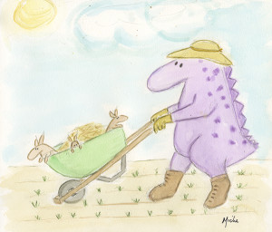 Purple dinosaur pushes wheel barrow