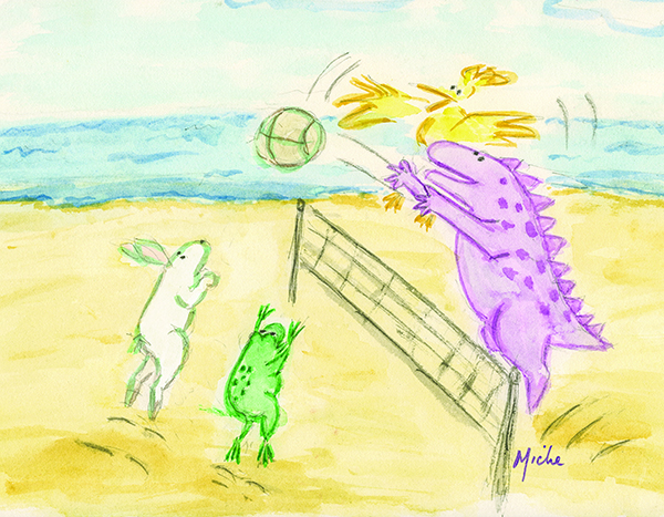 Critters play volleyball on the beach.